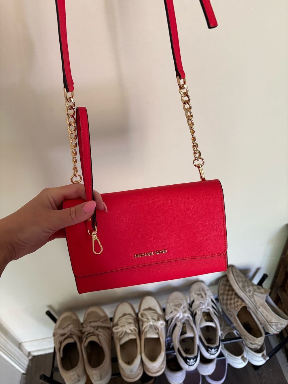 Michael Kors Red Saffiano Crossbody with Gold Chain Strap - Picture 4 of 5